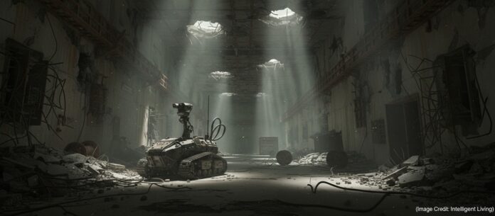 Cinematic wide scene of a rugged inspection robot in a damaged industrial reactor building, illuminated by hazard lighting and faint wireless signal arcs suggesting remote control in extreme radiation.