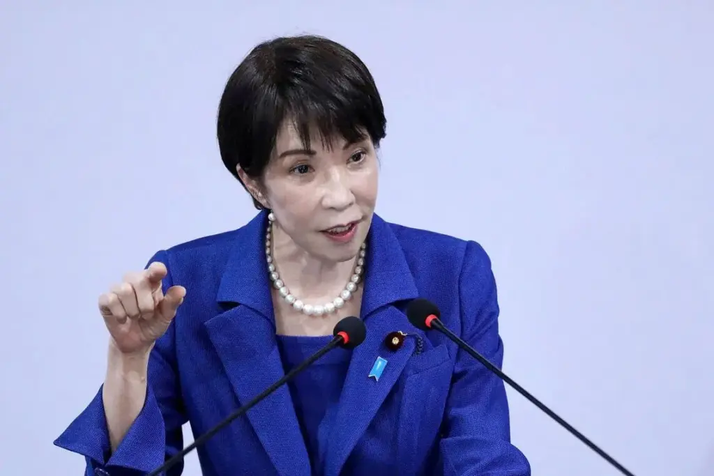 Japan's Prime Minister Sanae Takaichi speaking at the auditorium of Hanoi National University on May 2, 2026.