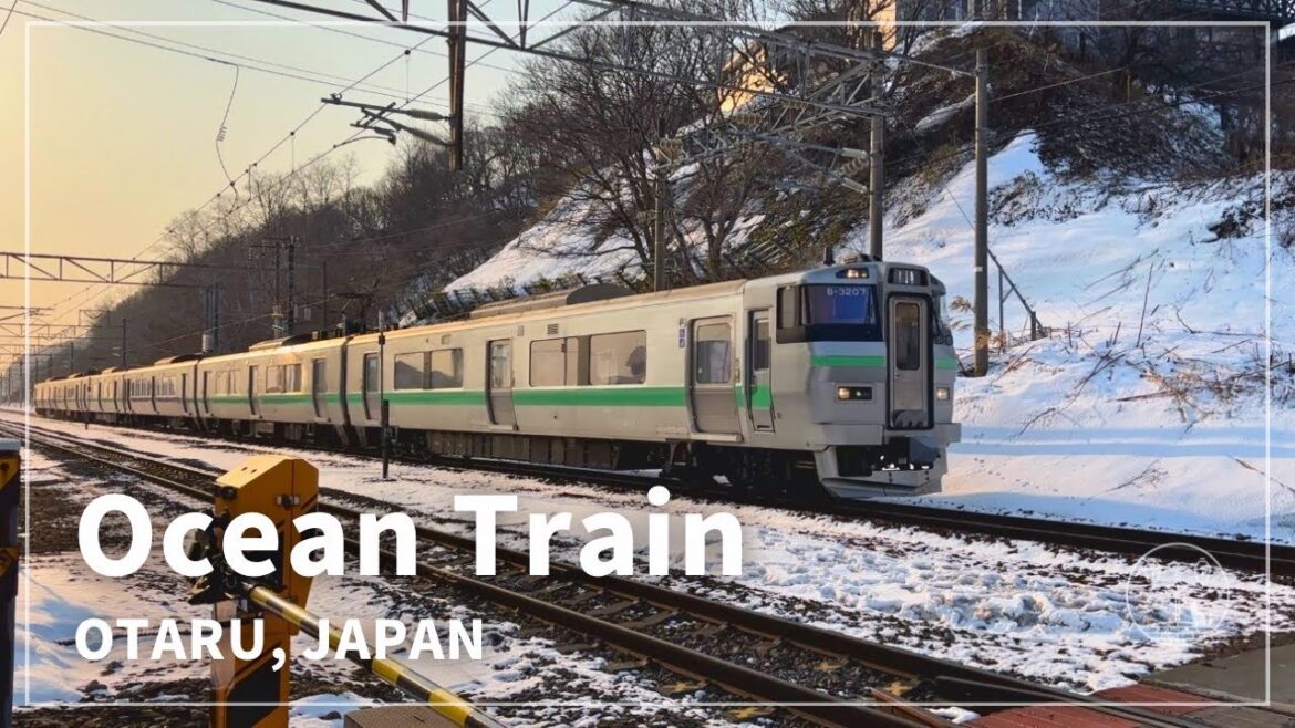 Japan Walking Tour in Otaru, Hokkaido | Sunrise Coast & Passing Train | Ocean Sounds, No Talking