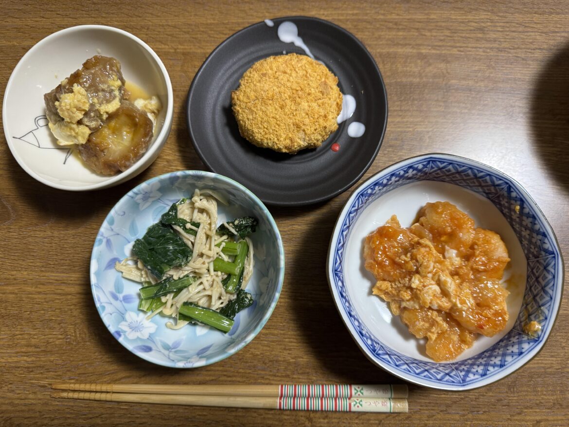 Japanese home spring dinner with many small foods. What side dish you like?