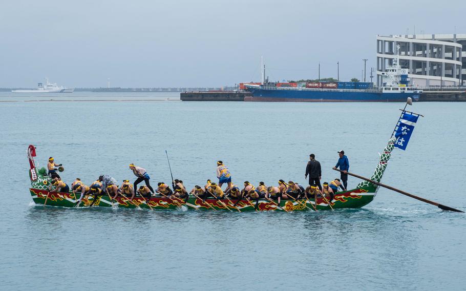 A team rowing a dragon boat.