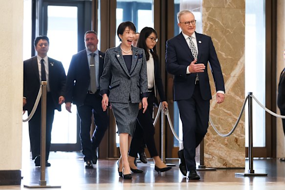 Japanese Prime Minister Sanae Takaichi with Anthony Albanese at Parliament House on Monday.