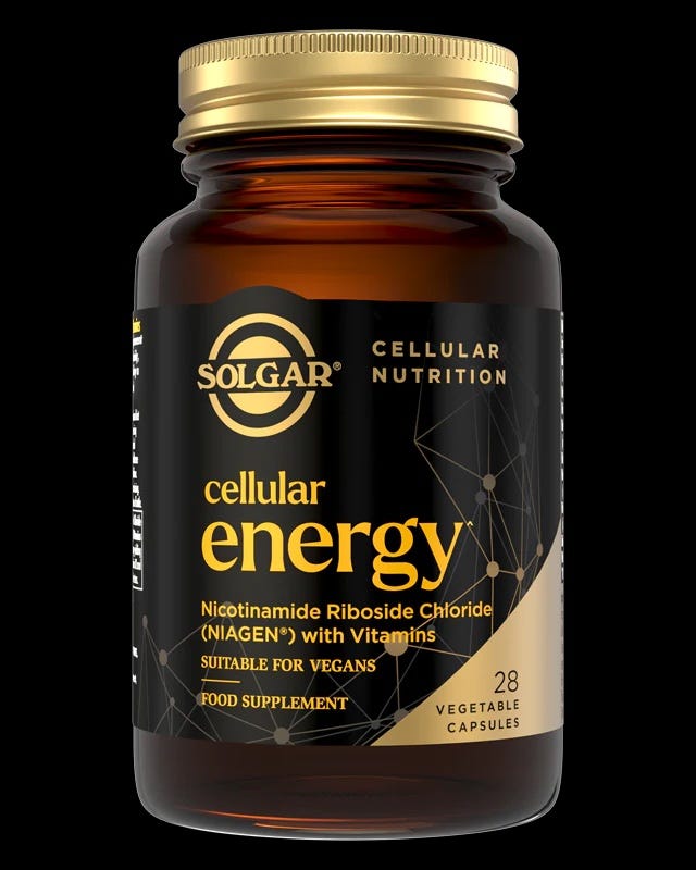 container of dietary supplement capsules for energy support