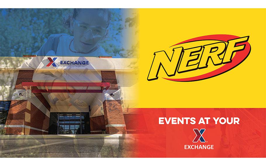 An Exchange store entrance photo, a photo of a girl playing Dart Blaster, Nerf logo, and AAFES logo.
