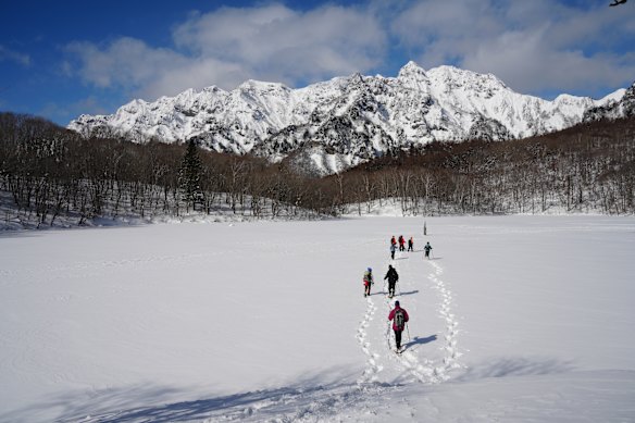 Trekkers on Walk Japan’s snowshoe tour, Nagano.