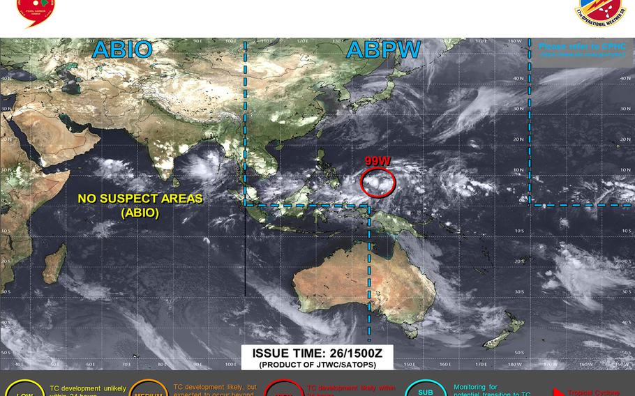 Tropical cyclone formation alert issued for disturbance 99W Invest; model track guidance, forecast ensembles indicate Okinawa might be in the crosshairs.