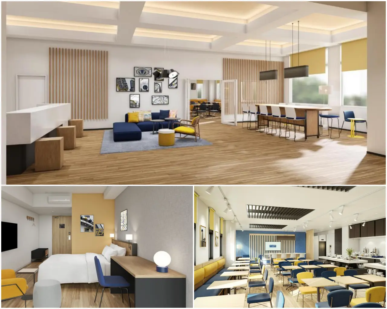 Interior views of City Express by Marriott hotels in Osaka, including lobby, guest room and dining area