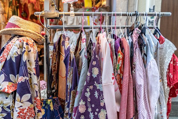 Vintage kimonos for sale in Koenji, an area known for great vintage shopping and nightlife.