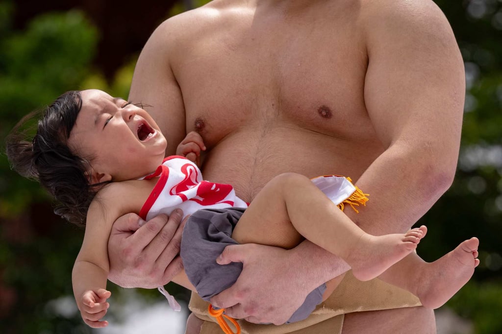 A sumo wrestler holds a child during a “crying baby sumo” match at a temple in Tokyo last month. Photo: AFP