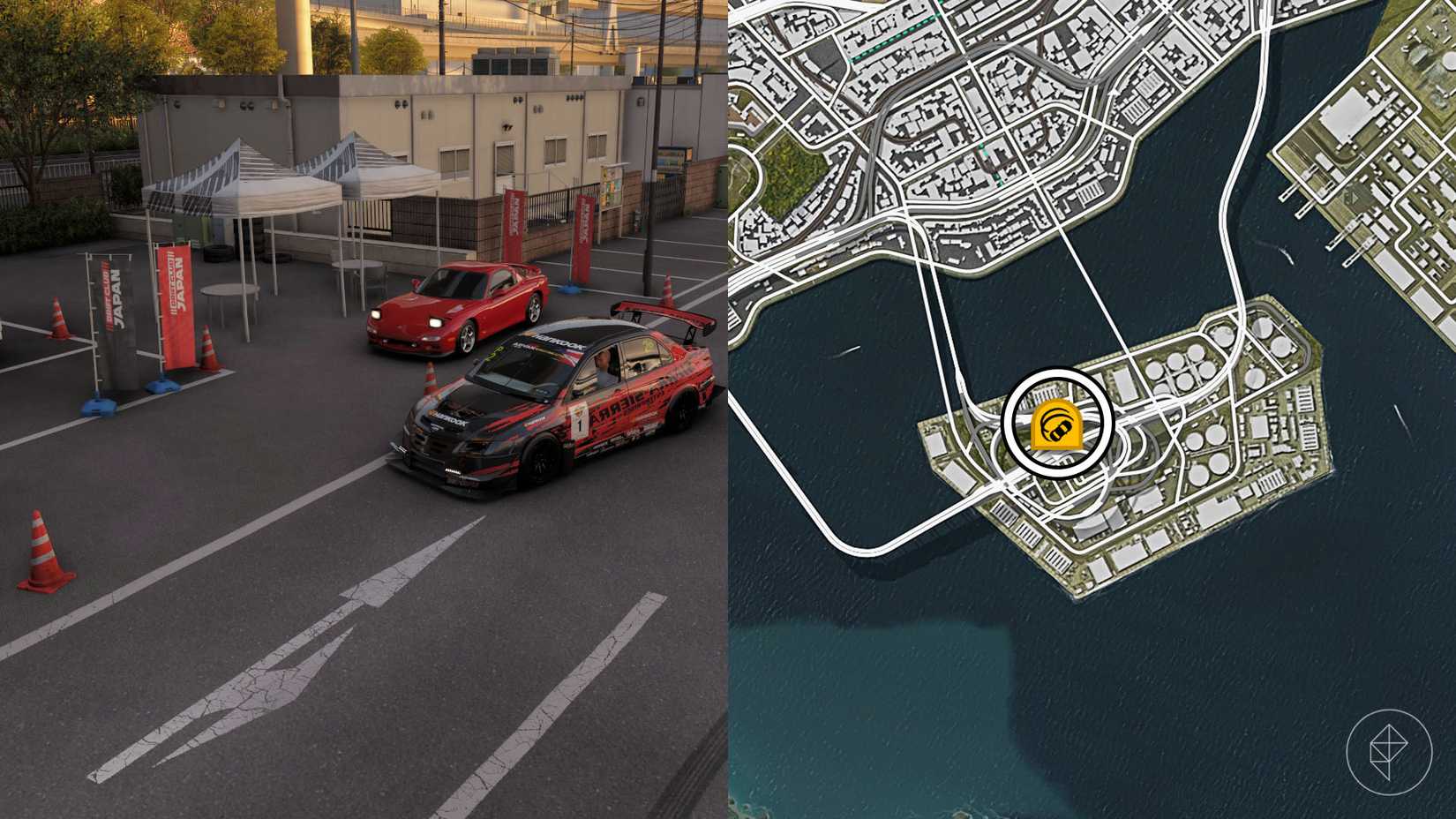 A montage with two Forza Horizon 6 pictures showing the location of the Drift Club Japan