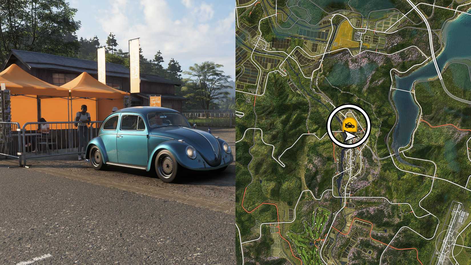 A montage with two Forza Horizon 6 pictures showing the location of the Hokubu and Minamino day trip