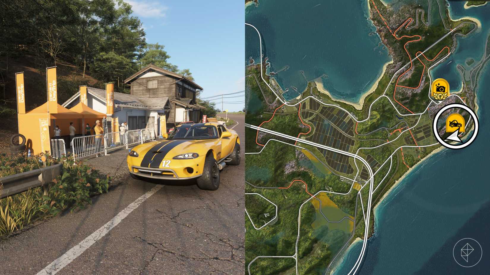 A montage with two Forza Horizon 6 pictures showing the location of the Ito day trip