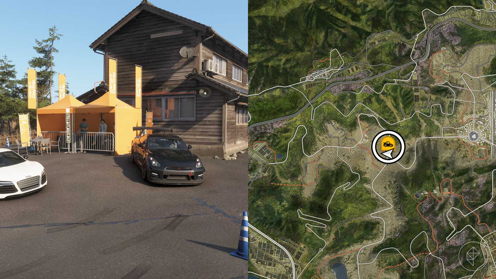 A montage with two Forza Horizon 6 pictures showing the location of the Shimanoyama Day Trip