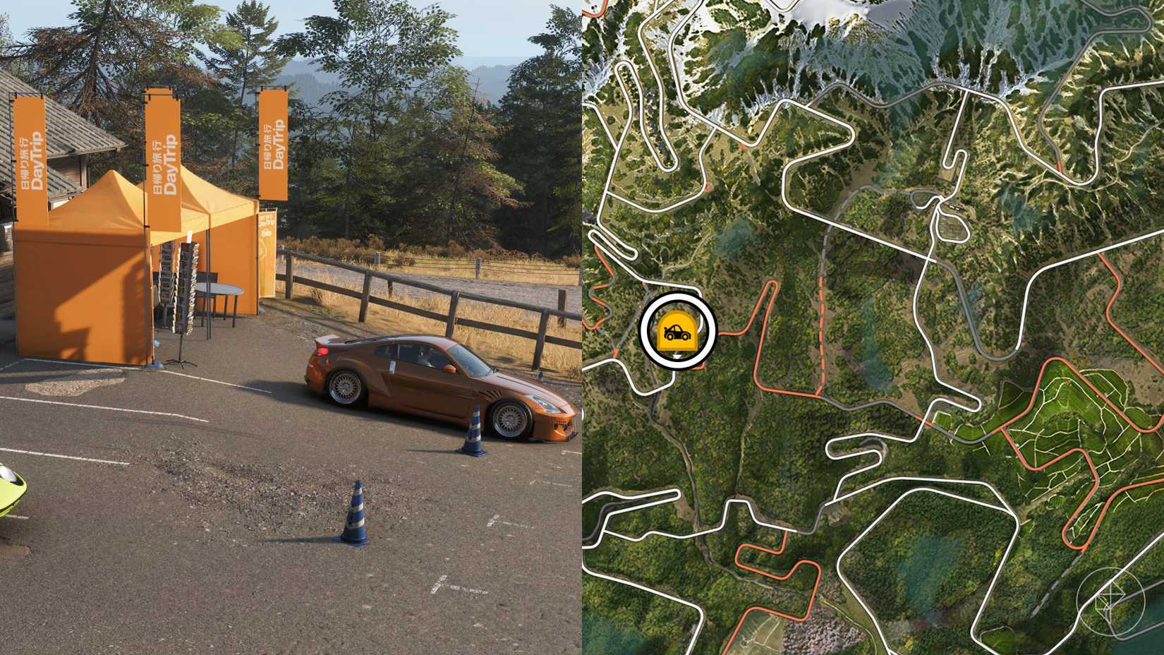 A montage with two Forza Horizon 6 pictures showing the location of the Sotoyama and Takashiro Day Trip