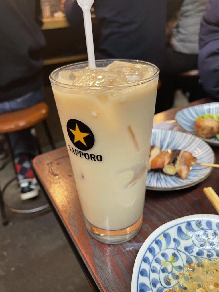 Shochu infused with coffee, mixed with soy milk — a Japanese take on a Kahlúa Milk.