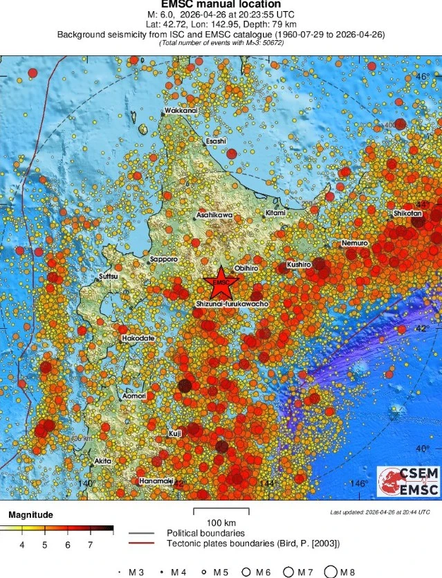m6.1 earthquake hokkaido japan april 26 2026 emsc regional seismicity