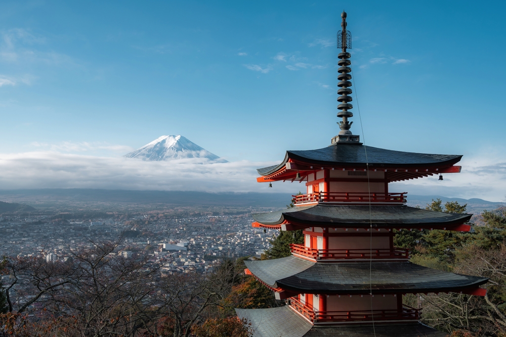 An Explorer’s Guide to the 10 Largest Islands in the World. #7: Honshu » Explorersweb Mount Fuji and Chureito Pagoda at sunrise in autumn season.
