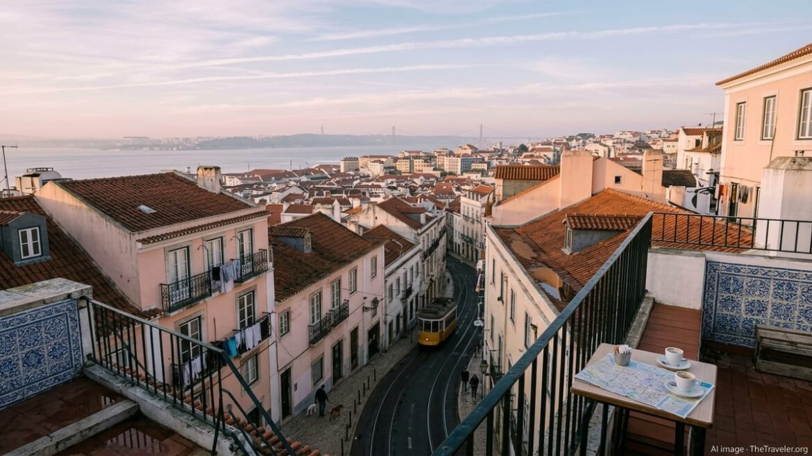 Rooftop sunrise view over Lisbon’s tiled roofs, tram, and Tagus River with coffee cups on a terrace table.