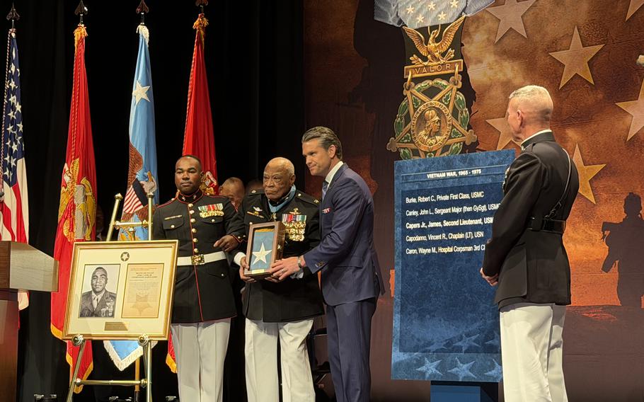 Major (Ret.) James Capers Jr. receiving Medal of Honor by Secretary of Defense Hegseth.