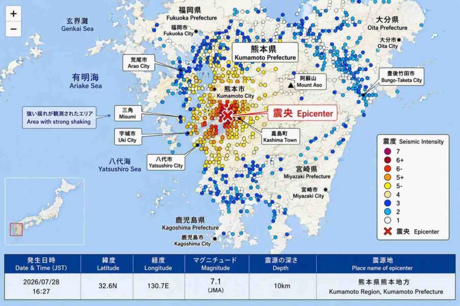 Kumamoto Prefecture earthquake map with seismic intensity