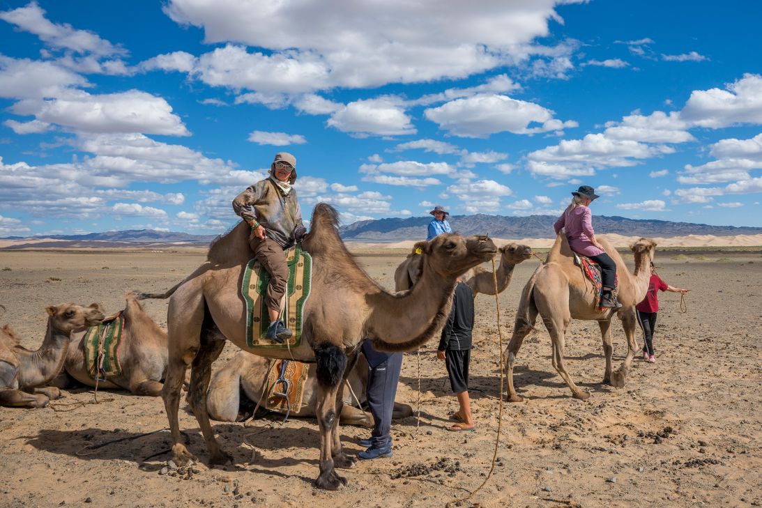 Visitors ride camels through Mongolia's Gobi. Climate change has expanded the country's tourist season.