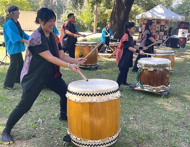 Kashinoki Taiko drummers perform during the Rhythm of Renewal: A Celebration of Japanese Culture at the historic Pena Adobe on Saturday. (Robin Miller/The Reporter)