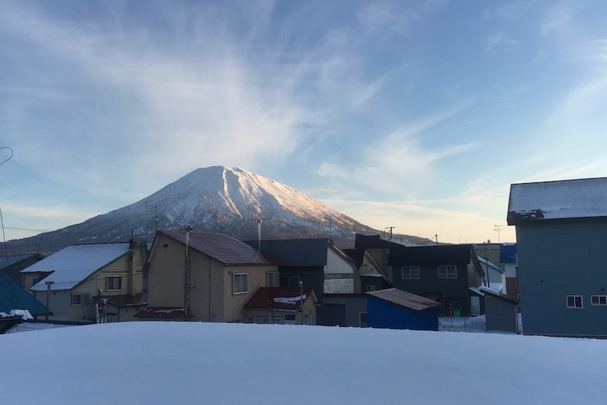 A picture of a snowtopped Mount Yotei rising against a beautiful blue sky.