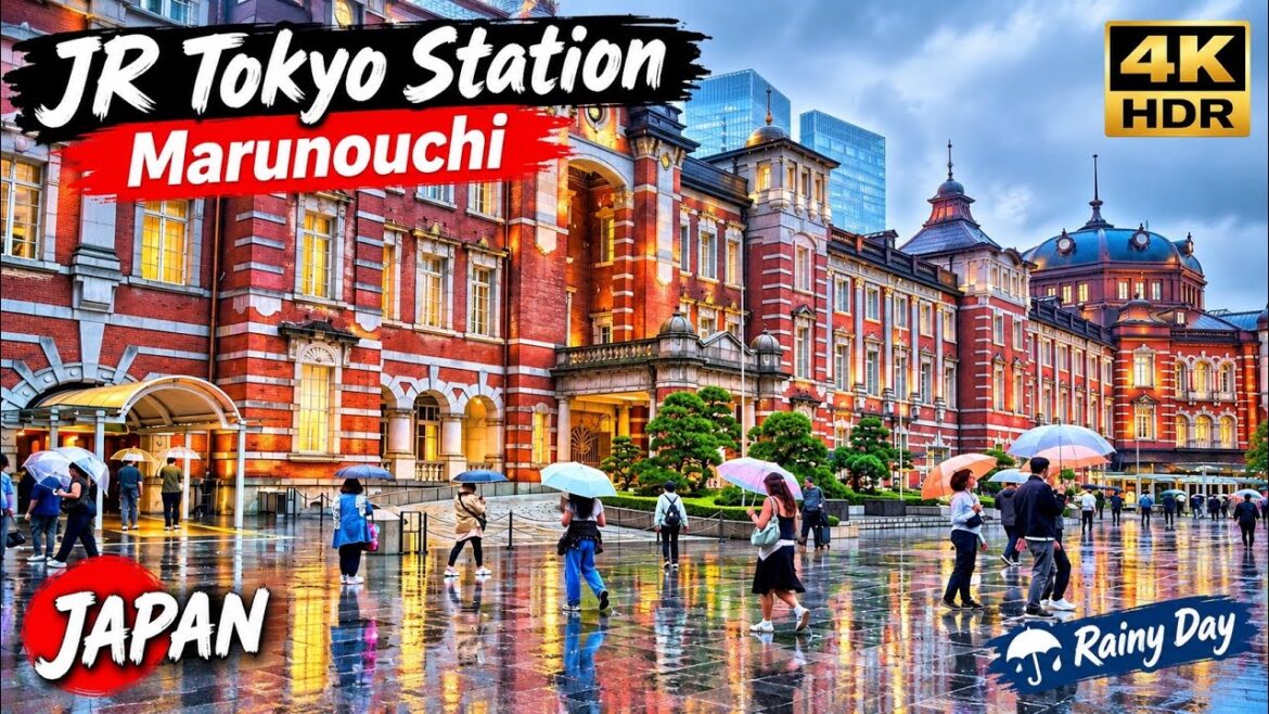 Rainy walking tour at JR Tokyo Marunouchi, Otemachi, The Imperial Palace Outer Garden, Hibiya, Japan