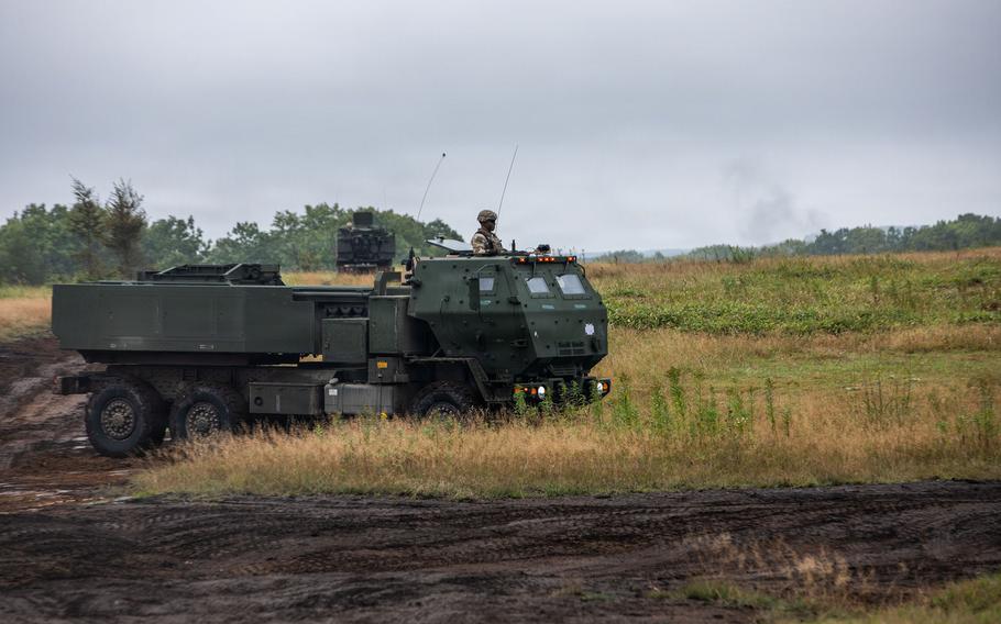 A U.S. Army M142 High Mobility Artillery Rocket System takes part in live-fire drills. 