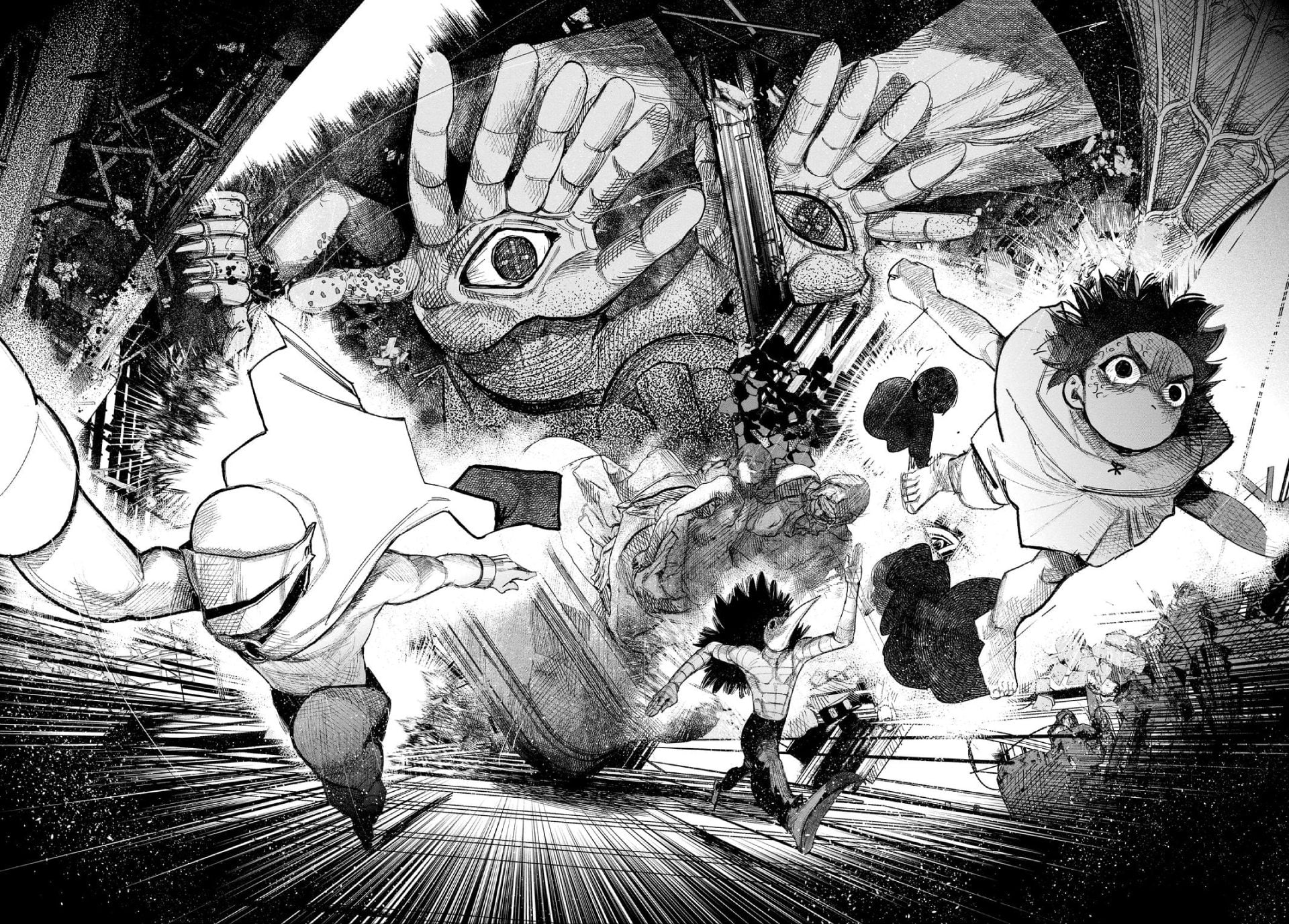 Choujin X doublespread of its heroes running away from a supernatural being.