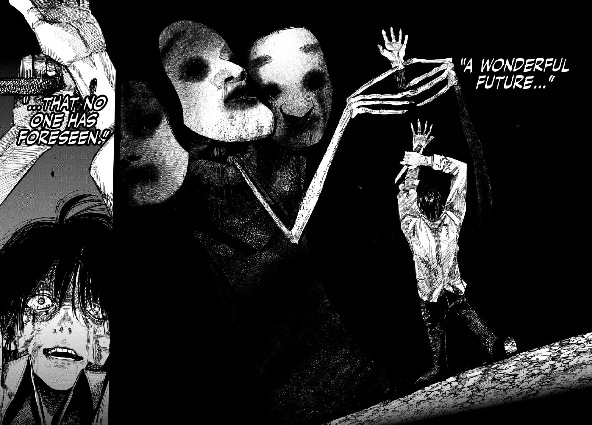 Choujin X double spread of a man in bondage by a supernatural being.