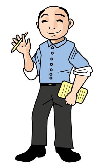 Takiguchi Takahiro illustration; holding a pen and a note.