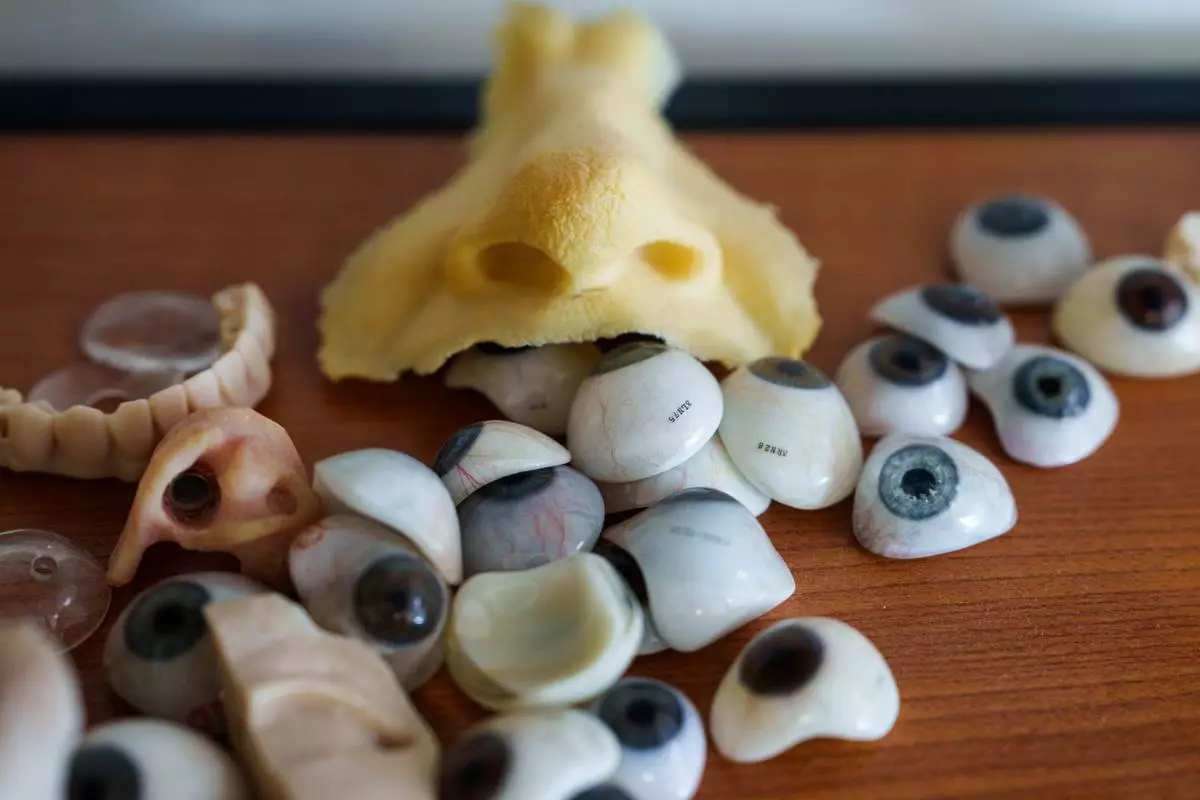 Ocular prostheses are displayed on a table at the Imateh Medical laboratory in Kyiv, Ukraine, Tuesday, Sept. 29, 2026. (AP Photo/Evgeniy Maloletka)